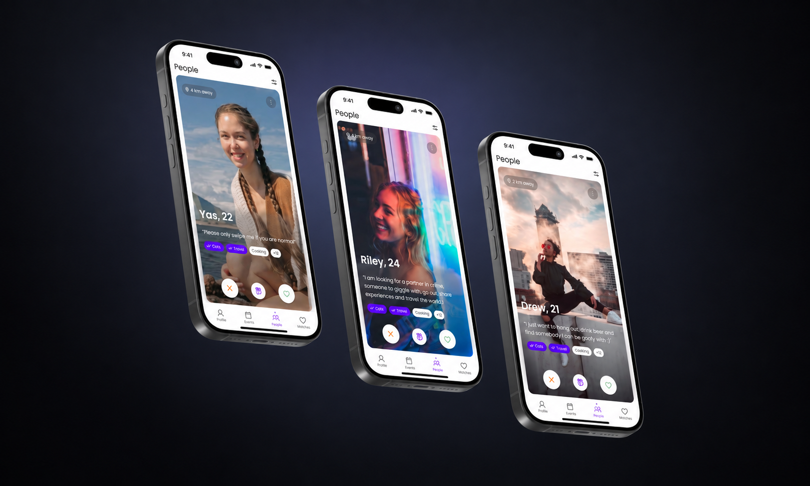 Krown dating app shown on three phone screens